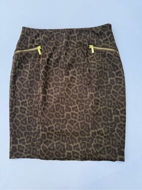 Michael Kors Leopard Pencil Skirt Gold Zip Black Brown 10 Petite NWOT, Free Gift